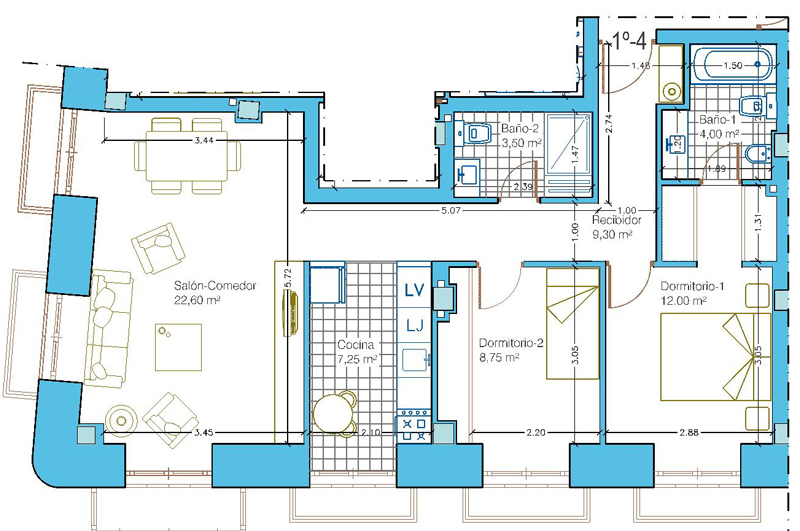 Plano del piso 2 dormitorios