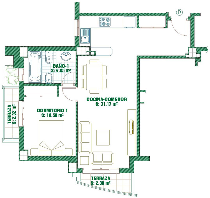 Plano del piso 1 dormitorio, Apartamentos nuevos en Torre Del Mar  