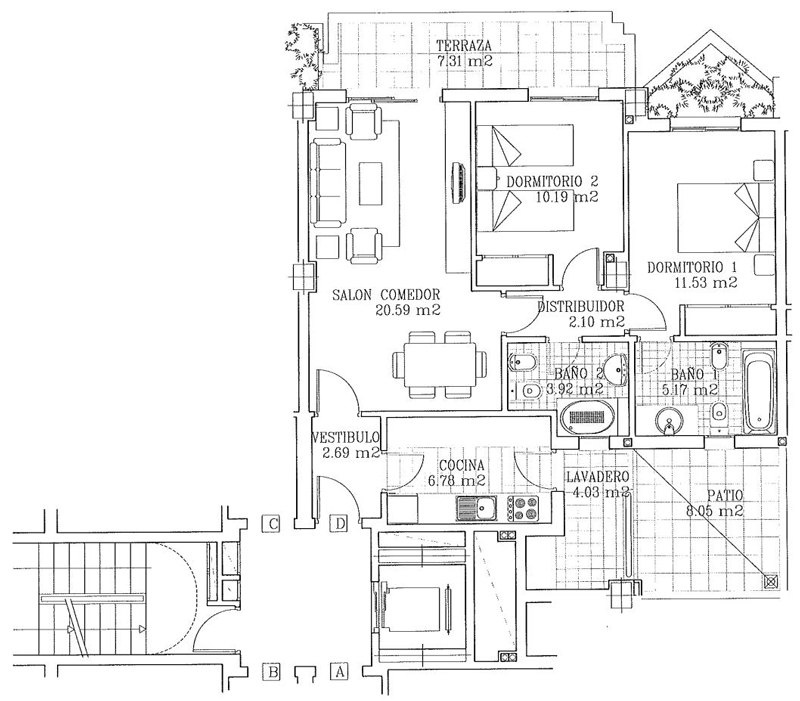 Plano del piso 2 dormitorios, Apartamentos nuevos en Torre Del Mar  