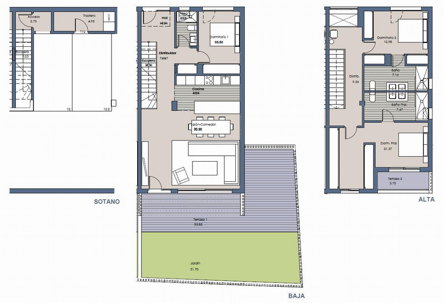 Floor layouts of  3 bedrooms with garden