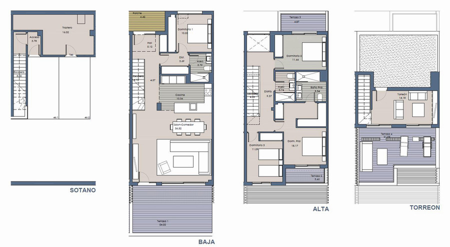 Plano de la casa con 4 dormitorios con torreon